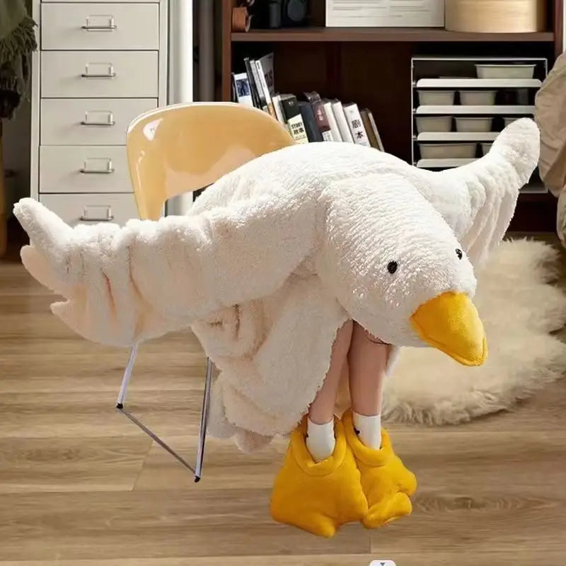 Cartoon Big Goose Robe Coral Fleece Hooded Pajama Funny Duck Cosplay Couple Nightgown Plush Sleepwear Home Clothes