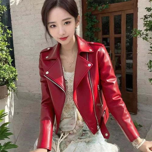 100% Women's Short PU Leather Motorcycle Jacket – Korean-Inspired Slim-Fit Jacket for Spring & Autumn