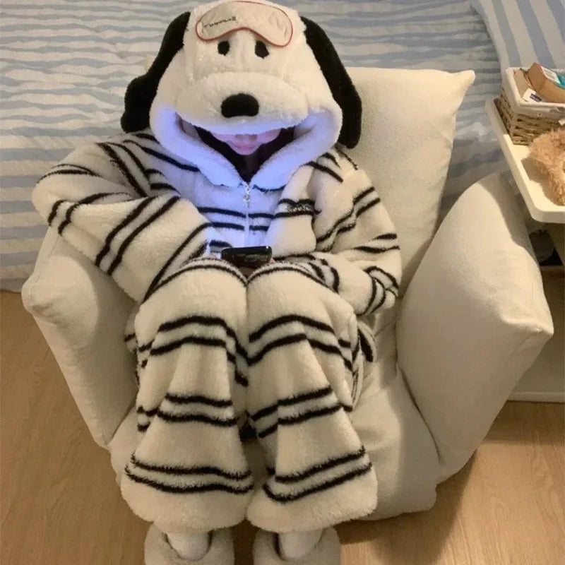 Cute Girl Cartoon Puppy Hooded Coral Fleece Pajamas Set Women's Winter New Thickened Large Size Loungewear Pajamas for Women