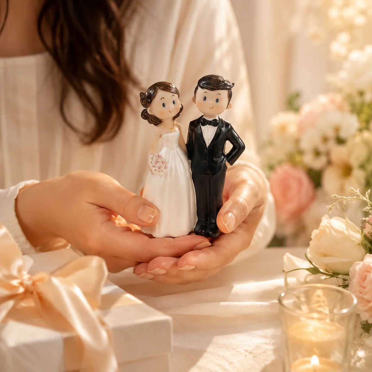 Cute Bride & Groom Wedding Cake Topper – Mini Couple Figurine Statue for Wedding Cake & Bridal Shower Decor, 1PC