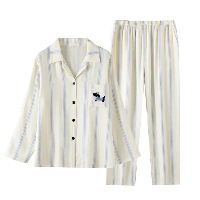 Cute Dog Embroidery Couple Pajamas Set 100% Cotton Striped Sleepwear for Lovers Matching Button Down Loungewear Japanese Style