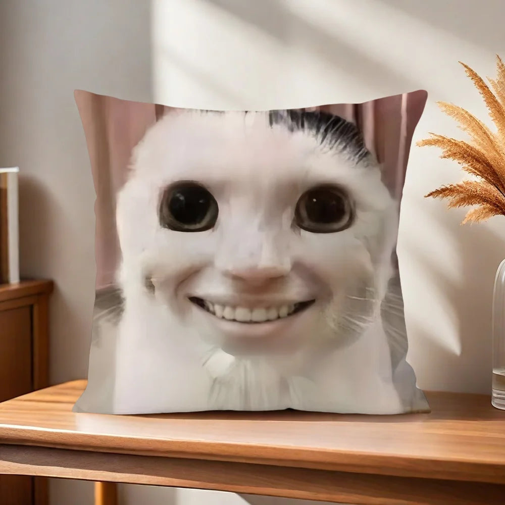 Funny Cat Meme Cushion Cover, Double-Sided Printed 100% Polyester Pillowcase, Cute Square Decorative Throw Pillow Cover for Sofa, Living Room, Office, Car & Home Decor