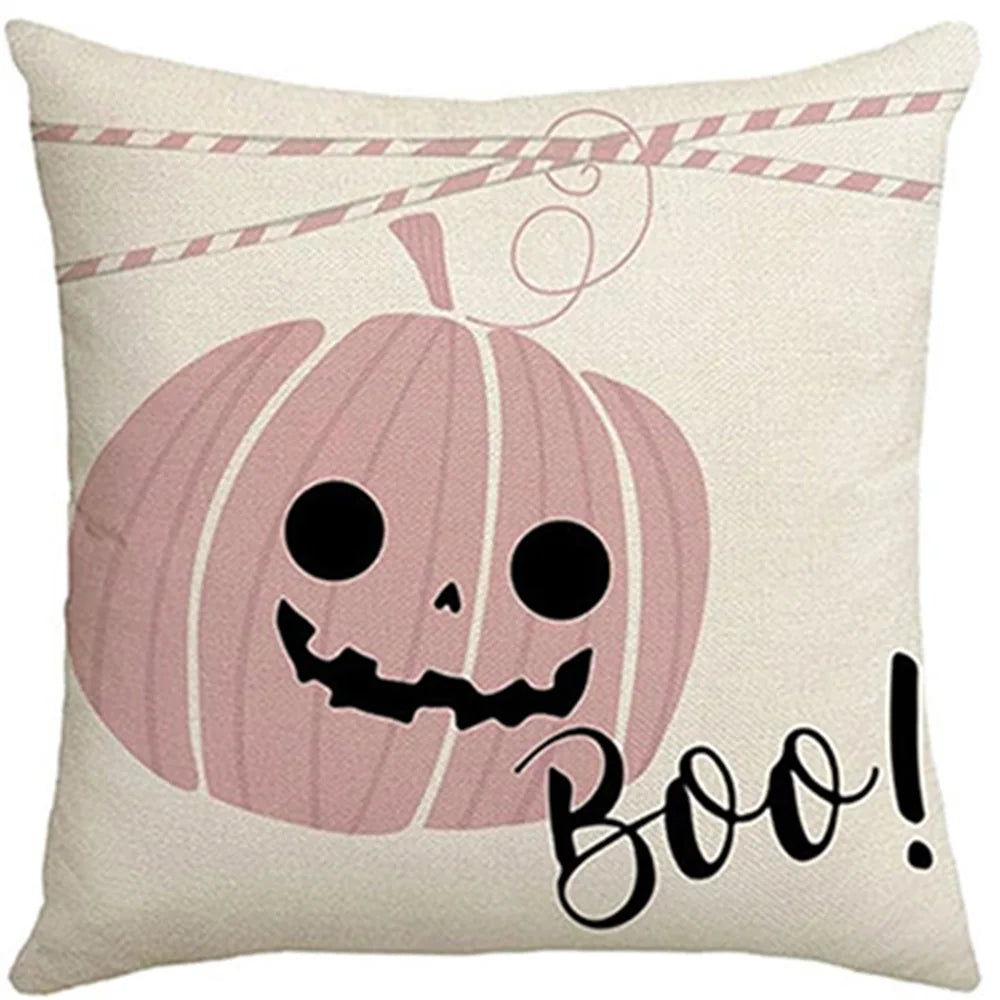 Pink Halloween Pillow Cover – Cute Ghost & Pumpkin Printed Cushion Case for Sofa, Couch & Bedroom, Spooky Holiday Decor Gift