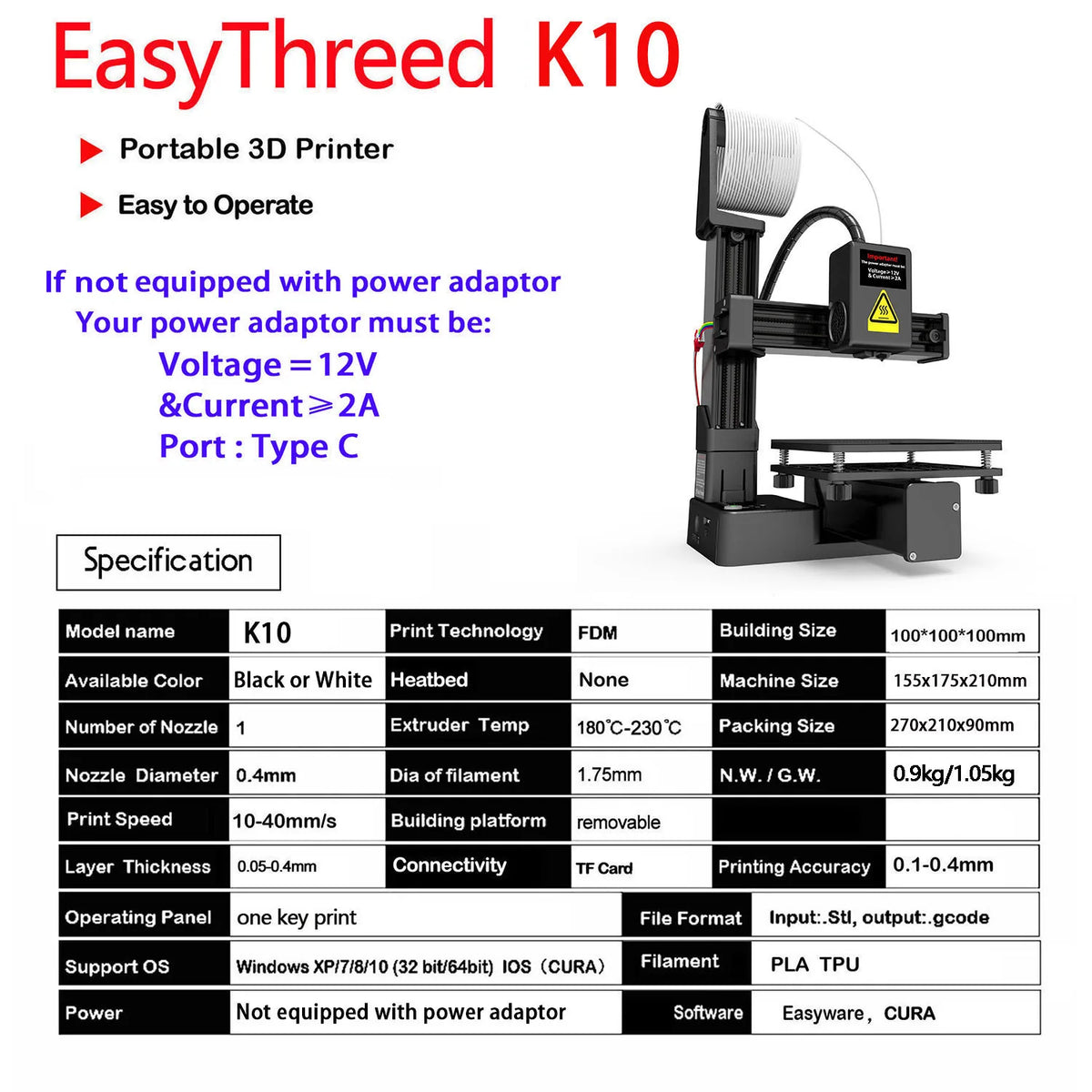 EasyThreed K10 3D Printer – Entry-Level FDM Printer for PLA & TPU 1.75mm Filament, 100×100×100mm Build Size, USB