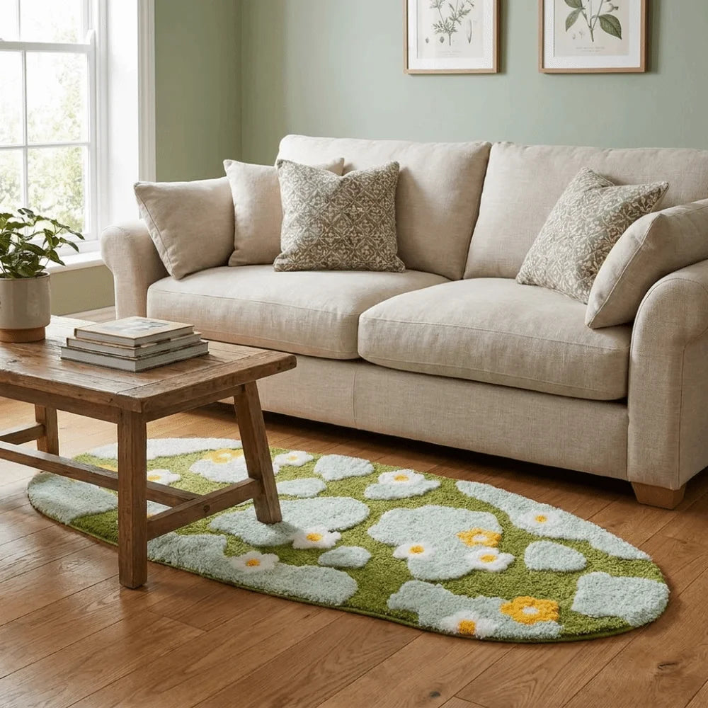 Irregular Green Moss Rug 50×100cm, Soft Imitation Cashmere-Style Polyester Carpet with Suede Backing, Geometric Flower Pattern Area Rug for Sofa, Bedroom & Home Decor