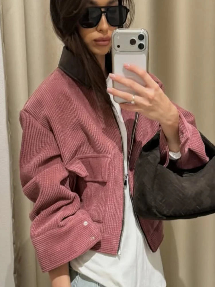 Women’s Pink Loose Fit Casual Jacket – Spring Streetwear Outerwear
