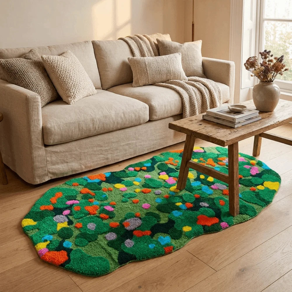 Irregular Green Moss Rug 50×100cm, Soft Imitation Cashmere-Style Polyester Carpet with Suede Backing, Geometric Flower Pattern Area Rug for Sofa, Bedroom & Home Decor