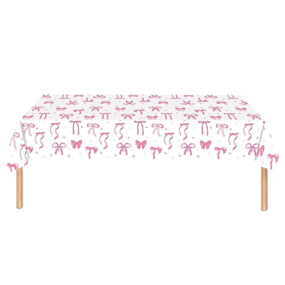 Cute Bow Birthday Tablecloth 137×274cm, Disposable Waterproof Plastic Table Cover for Birthday Party, Baby Shower, Wedding & Celebration Dining Table Decor