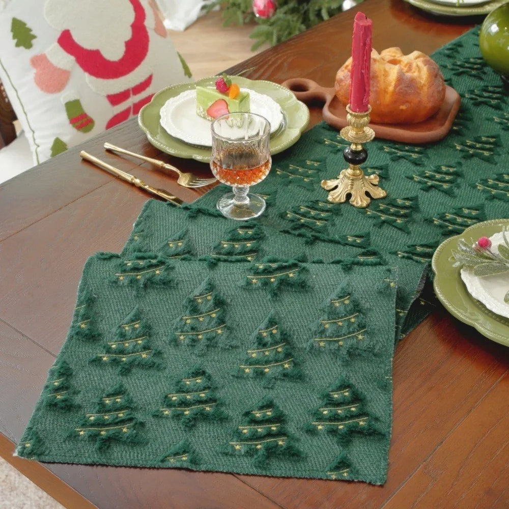Christmas Tree Table Runner 33×183cm – Plush Embroidered & Embossed Holiday Tablecloth for Dining Table, Christmas & New Year Decor