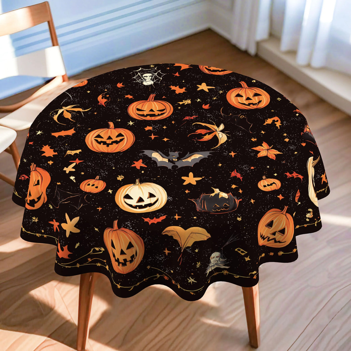 Halloween Round Tablecloth – 2D Printed Pumpkin & Bat Table Cover, Waterproof Polyester Table Decor for Kitchen, Dining Table & Party
