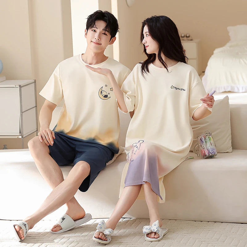 Newest Couple Pajamas Set Summer Short Sleeve Sleepwear 100% Cotton Men and Women Cute Cartoon Pijamas Women Nightgown