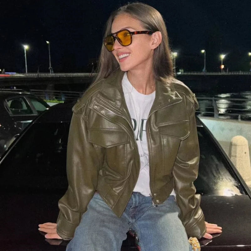 Women's Jacket Faux Leather Jacket Green Women's Demi-Season Jacket