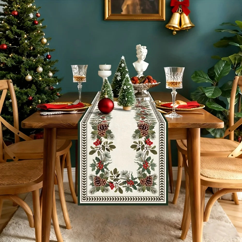 Farmhouse Rustic Christmas Table Runner, Green Pinecones & Red Berries with Gold Accents, 100% Linen Holiday Dining Table Decor for Indoor & Outdoor Use