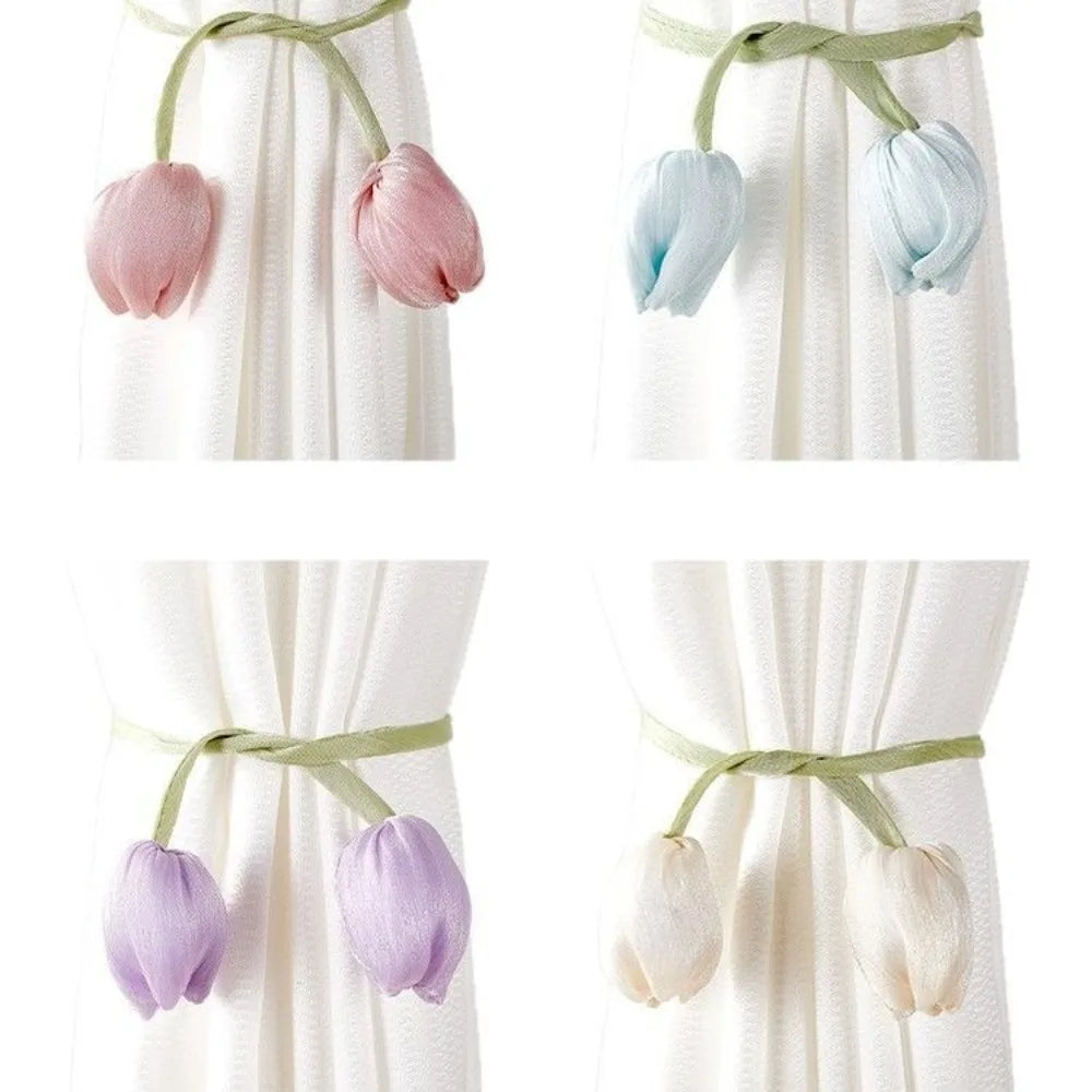 Adjustable Tulip Curtain Tiebacks, Elegant Floral Curtain Straps with Creative Design, Cotton Cloth Curtain Holdbacks for Living Room, Bedroom & Home Decor