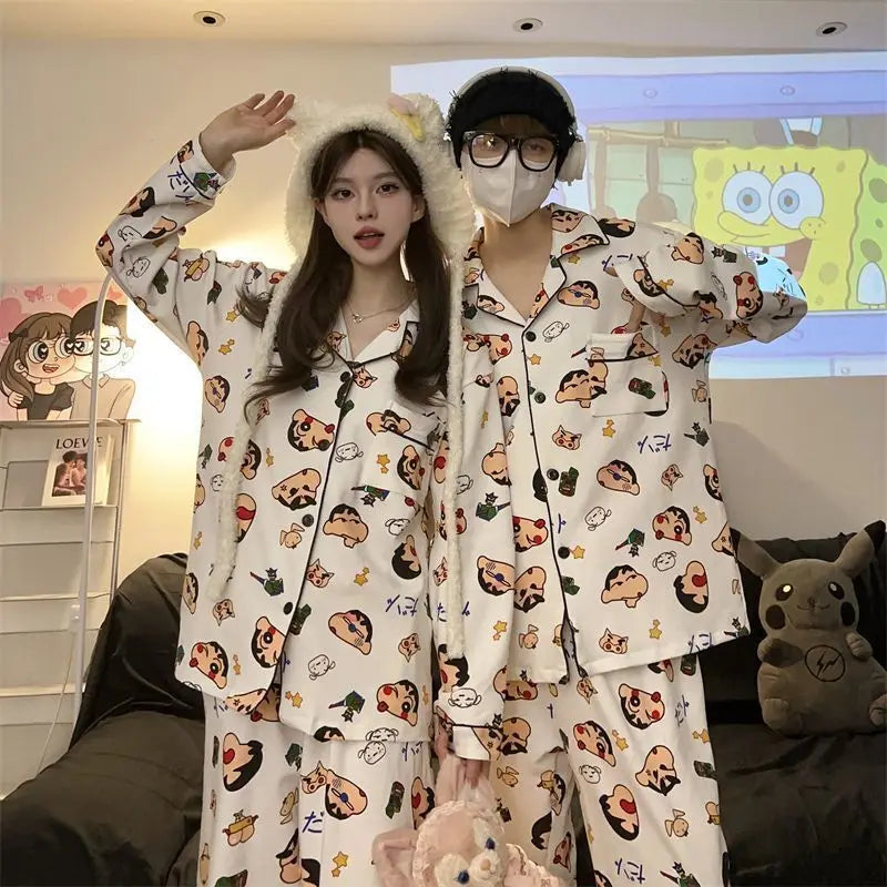 Couple Pajamas Plus Size Long Sleeved Men'S And Women'S Spring And Autumn Crayon Shin Chan Same Style Cute Cartoon Home Clothes