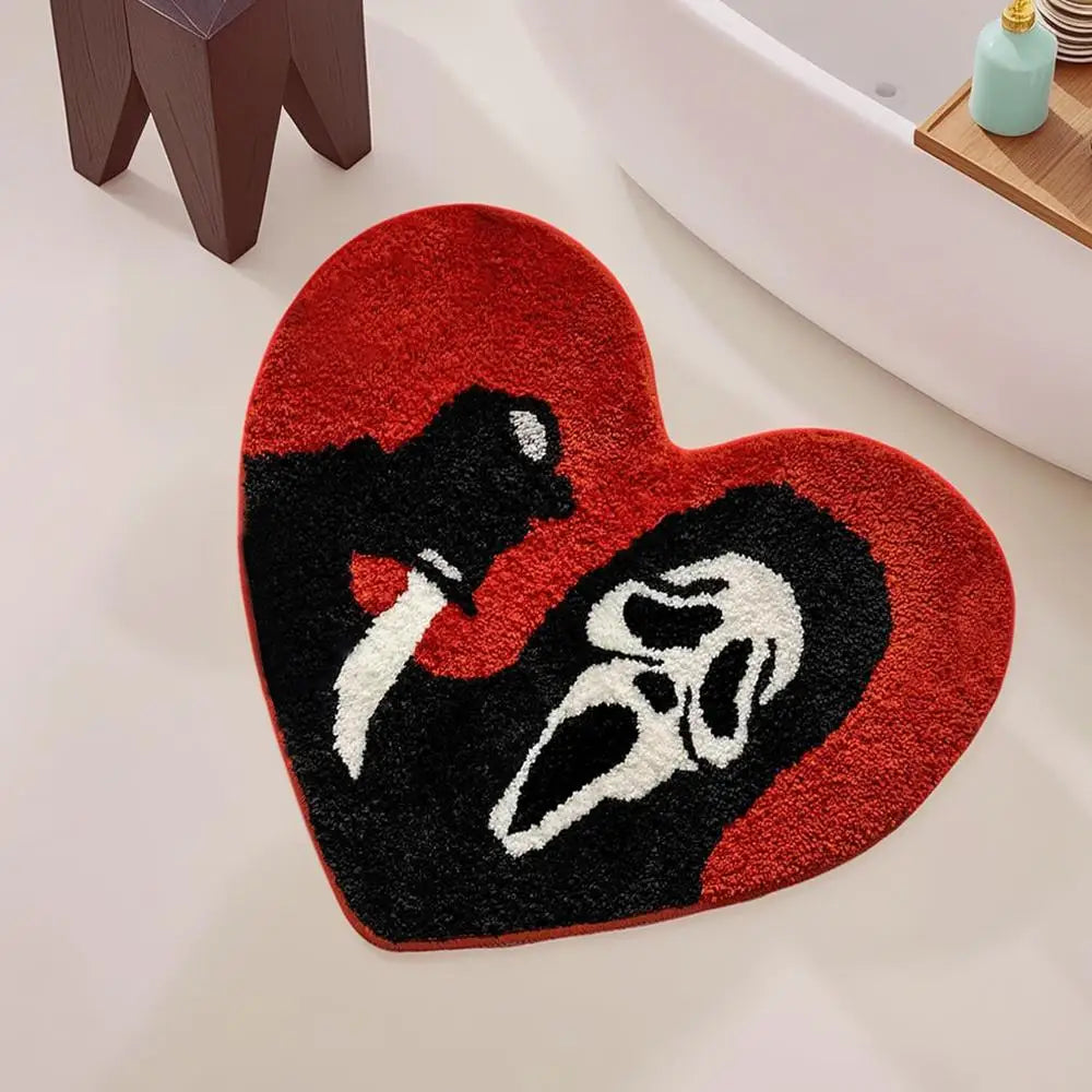 Halloween Skull Door Mat 40×60cm, Black & Red Polyester Bathroom Rug with Non-Slip TPR Backing, Funny Halloween Floor Mat for Bedroom, Entryway & Party Decor