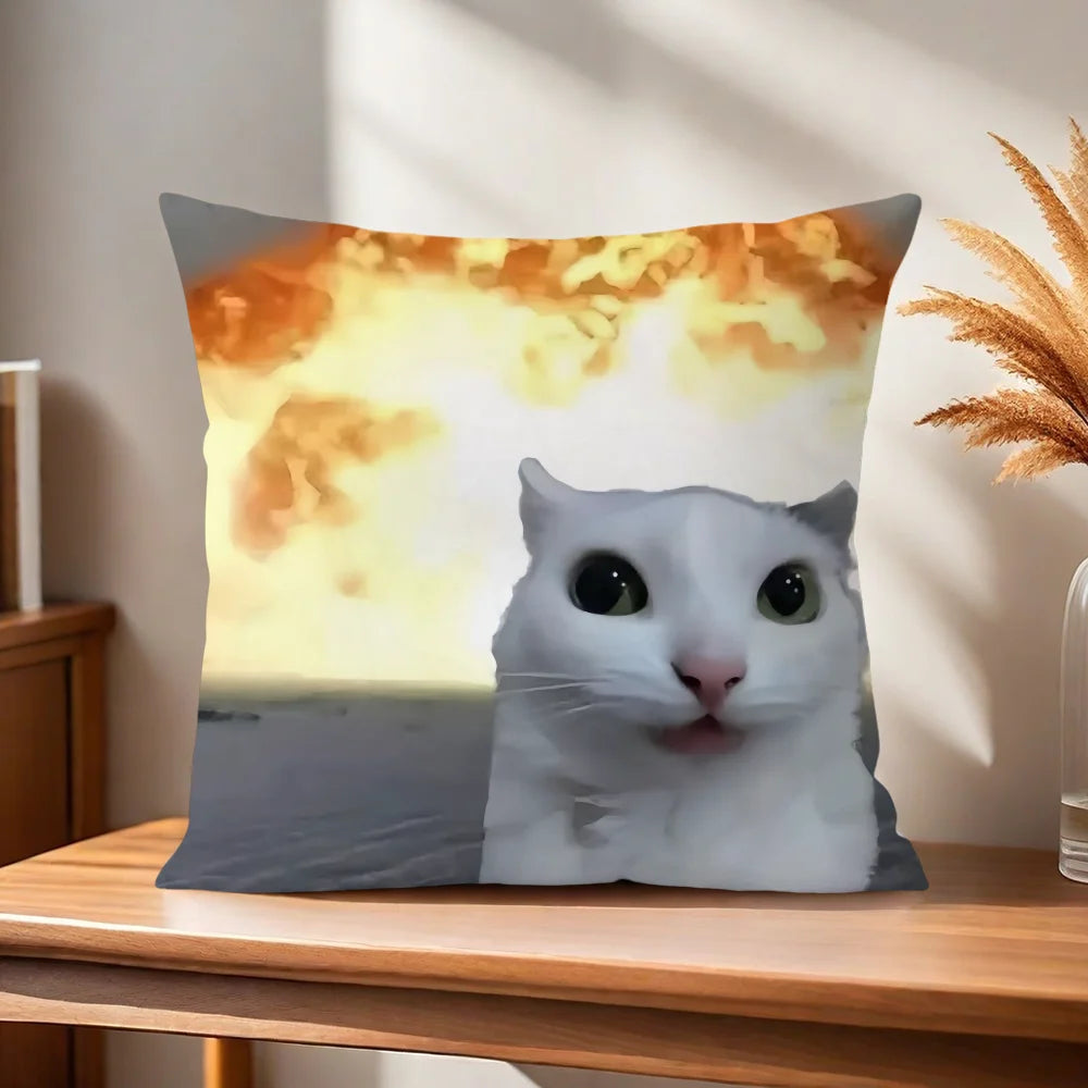 Funny Cat Meme Cushion Cover, Double-Sided Printed 100% Polyester Pillowcase, Cute Square Decorative Throw Pillow Cover for Sofa, Living Room, Office, Car & Home Decor