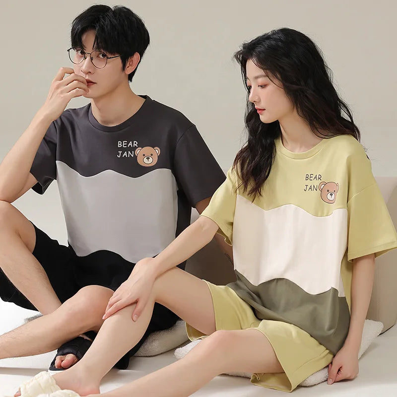 Summer Sleep Lounge Pajama Short-Sleeved Women's Pajama Set Cartoon Pyjamas Pure Cotton Couple Sleepwear Home Fashion