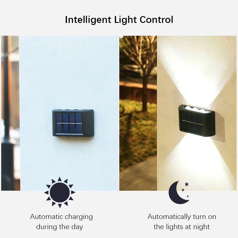 6-LED Solar Wall Lights, Up & Down Outdoor Garden Lights with Automatic Light Control, Warm White/White ABS+PC Solar Lamps for Yard, Balcony, Patio & Terrace Decor