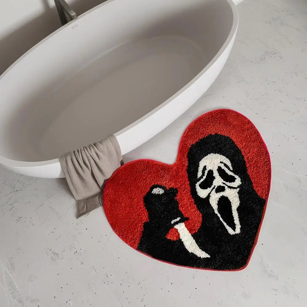 Halloween Skull Door Mat 40×60cm, Black & Red Polyester Bathroom Rug with Non-Slip TPR Backing, Funny Halloween Floor Mat for Bedroom, Entryway & Party Decor