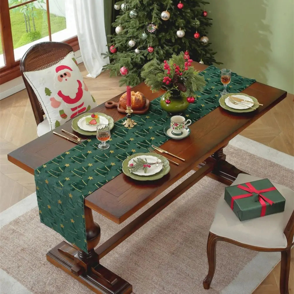 Christmas Tree Table Runner 33×183cm – Plush Embroidered & Embossed Table Cover for Dining Table, Holiday & Festive Home Decor