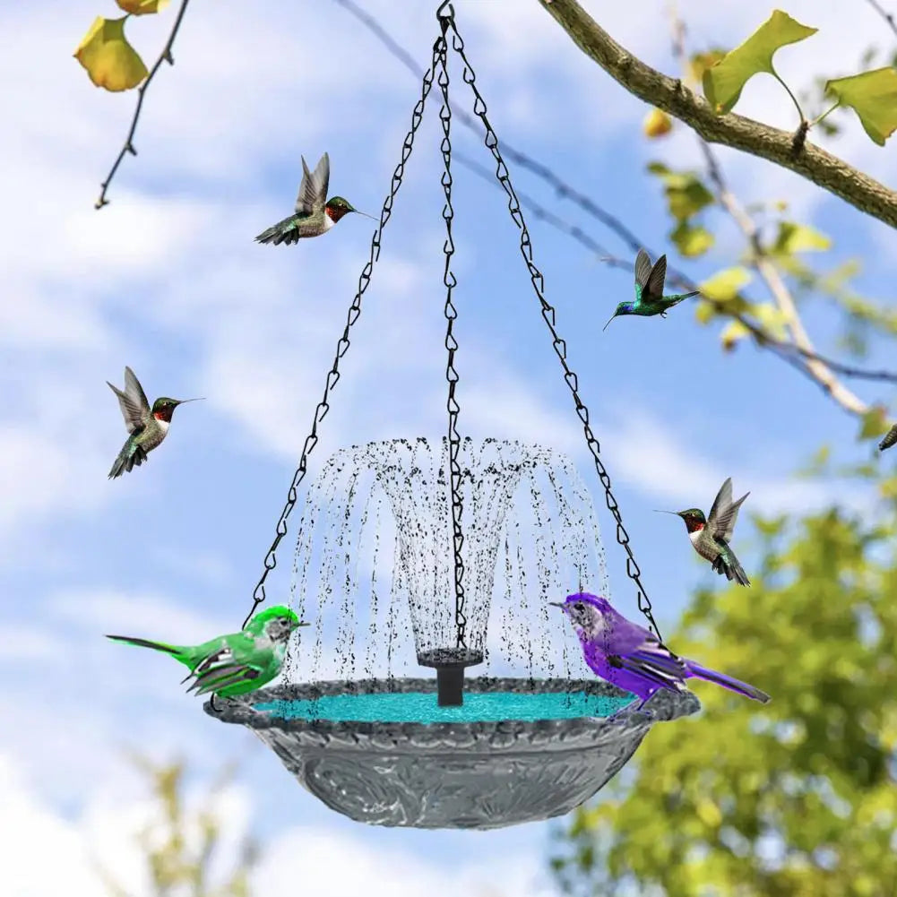 Hanging Birds Bath with Solar Fountain Pump Outdoor Garden Hummingbird Feeder Tray Water Fountain Birdbath Bowl