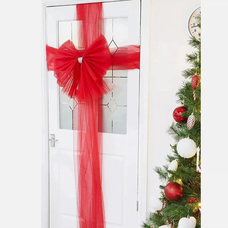 Christmas Door Bow Garland with Red Extra Large Bow & Mesh Ribbon, 60×80cm Holiday Front Door Decoration with Acrylic Diamond Details for Wedding, Party & New Year Decor