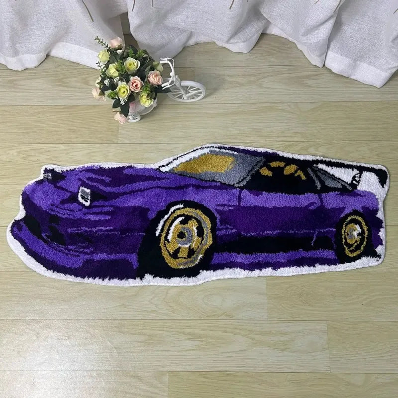 Racing Car Rug, Soft Tufted Sports Car Carpet with Anti-Slip Design, Modern Polyester Floor Mat for Living Room, Bedroom, Hallway & Bedside Decor