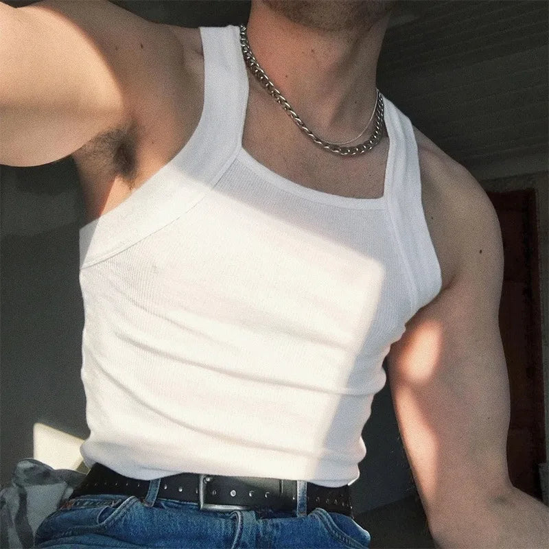 Men’s Summer Sleeveless Tank Top – Casual Square Neck Solid Color Shirt for Gym & Everyday Wear