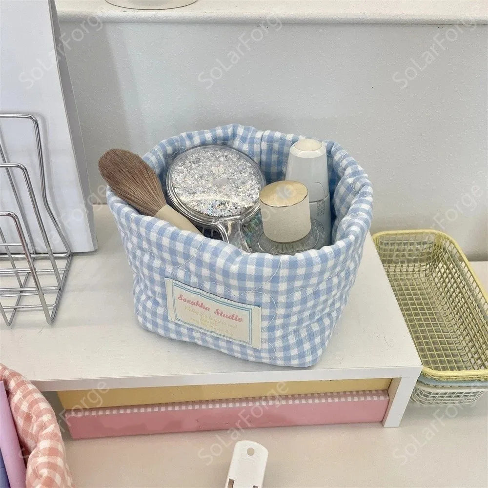 Plaid Fabric Storage Basket Household Cosmetics Stationery Toy Decorative Bins Ins Washable Miscellaneous Storage Basket