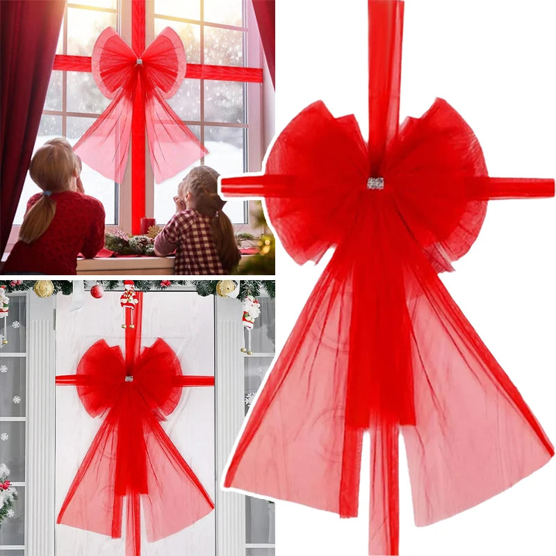 Christmas Door Bow Garland with Red Extra Large Bow & Mesh Ribbon, 60×80cm Holiday Front Door Decoration with Acrylic Diamond Details for Wedding, Party & New Year Decor
