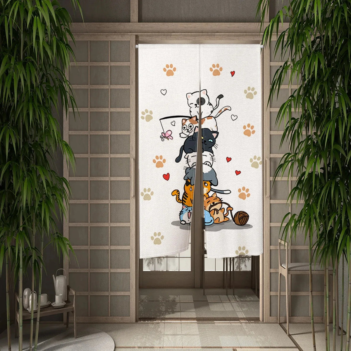Cute Cat Door Curtain, Cartoon Printed Short Door Curtain for Kitchen & Dining Room, 1-Panel Polyester Room Divider for Home, Cafe & Office Decor