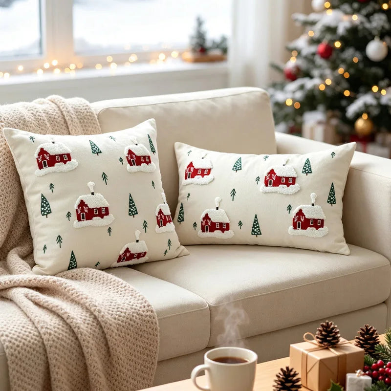 Christmas Throw Pillow Cover 45×45cm, Red Jacquard Embroidered Cushion Cover, Festive Decorative Pillowcase for Sofa, Bed, Chair & Home Holiday Decor
