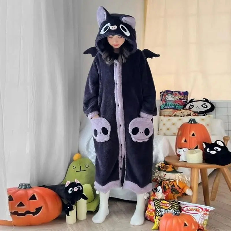 Winter Pajamas For Women Cartoon Hooded Long Robe Cute Nightgown Sleepwear Bat Animal Kawaii Flannel Warm Comfy Lounge Bathrobes
