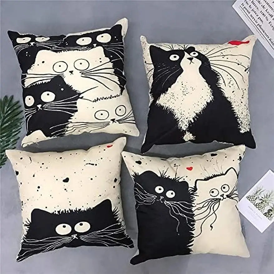 Cute Cat Linen Pillow Cover 45×45cm, Printed Square Decorative Cushion Case with Hidden Zipper, Linen-Cotton Sofa Pillowcase for Living Room, Bedroom, Chair & Home Decor