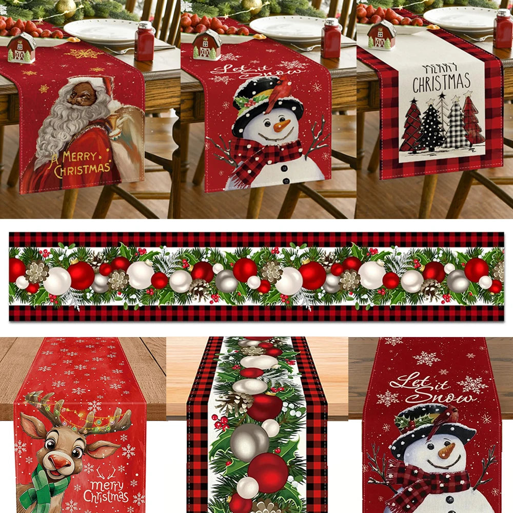 Christmas Table Runner with Santa & Snowman Design, Festive Holiday Dining Table Decor for Christmas & New Year, Cartoon Winter Table Cover for Home, Party & Celebration