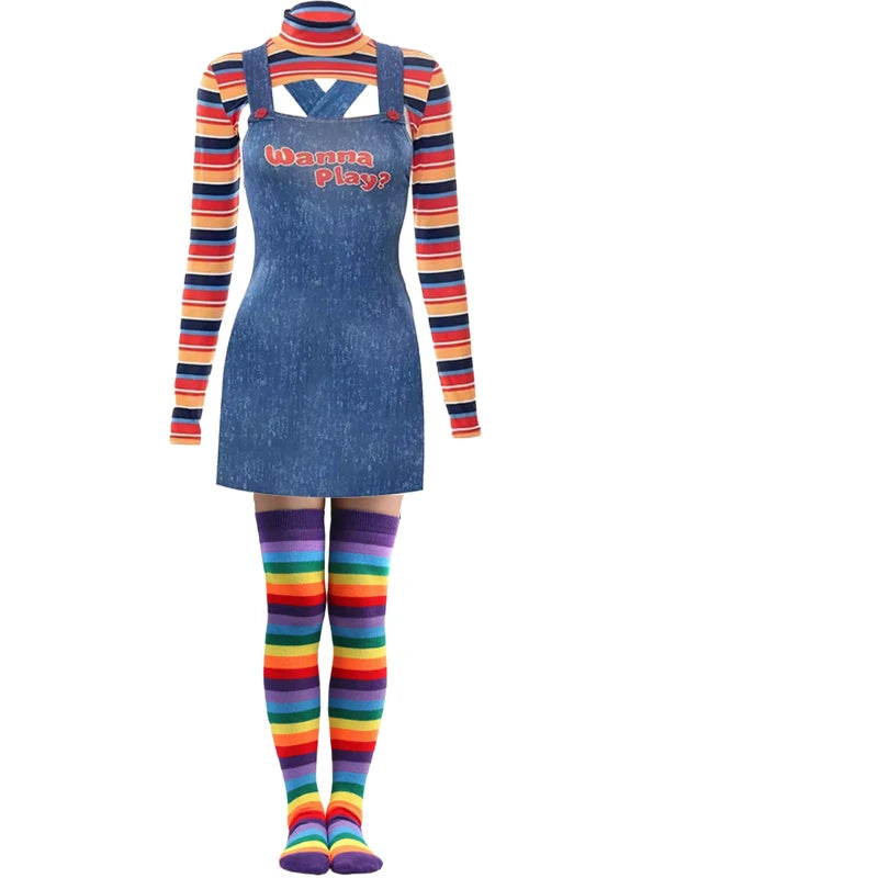 Halloween Costumes for Women Scary Nightmare Killer Doll Wanna Play Movie Character Chucky Doll Costume With Stockings