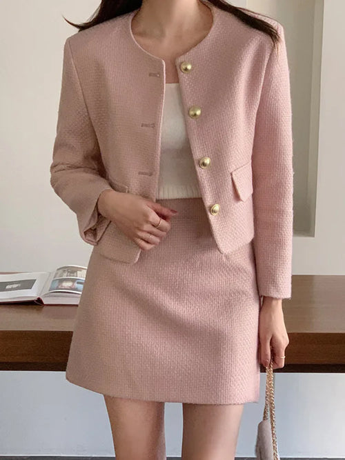 New Korean Fashion Tweed Two Piece Set For Women Autumn Winter Elegant
