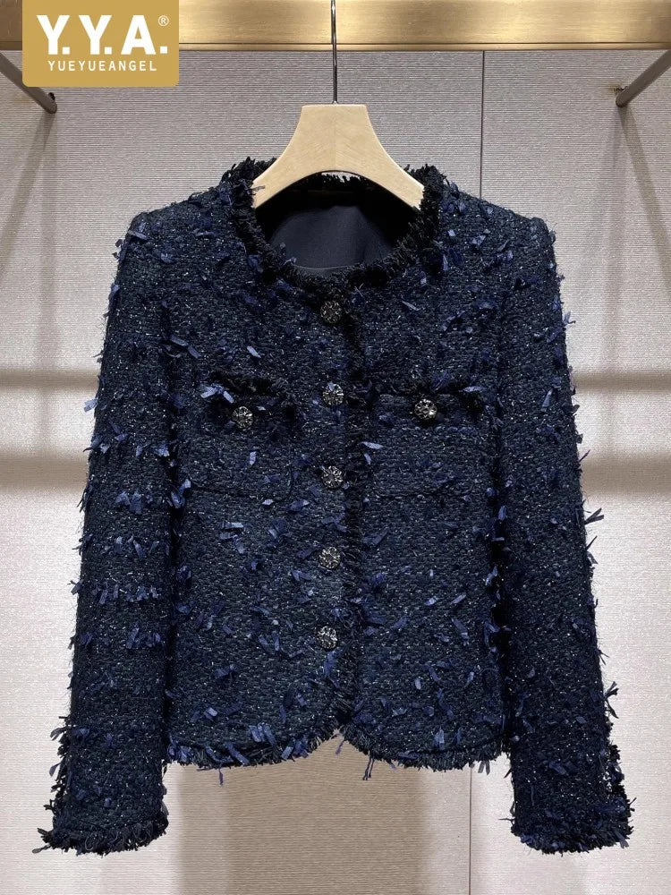 Elegant Women Autumn O Neck Diamonds Single Breasted Tweed Jacket