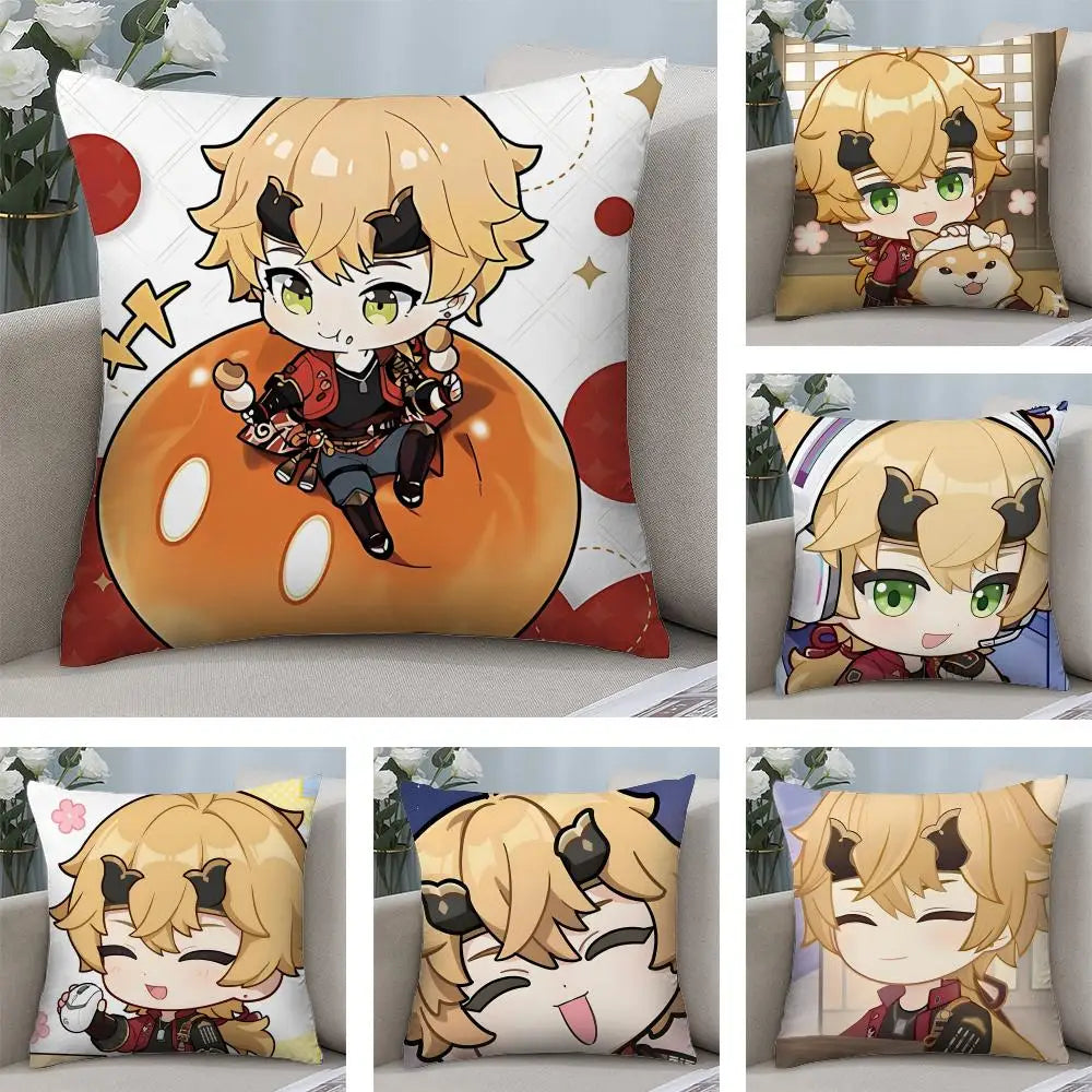 Thoma Genshin Impact Cushion Cover 40×40cm, Cute Anime Game Pillowcase with Double-Sided Print & Invisible Zipper, Soft Polyester Short Plush Sofa Pillow for Bedroom & Living Room Decor