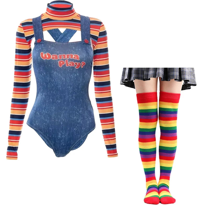 Halloween Costumes for Women Scary Nightmare Killer Doll Wanna Play Movie Character Chucky Doll Costume With Stockings