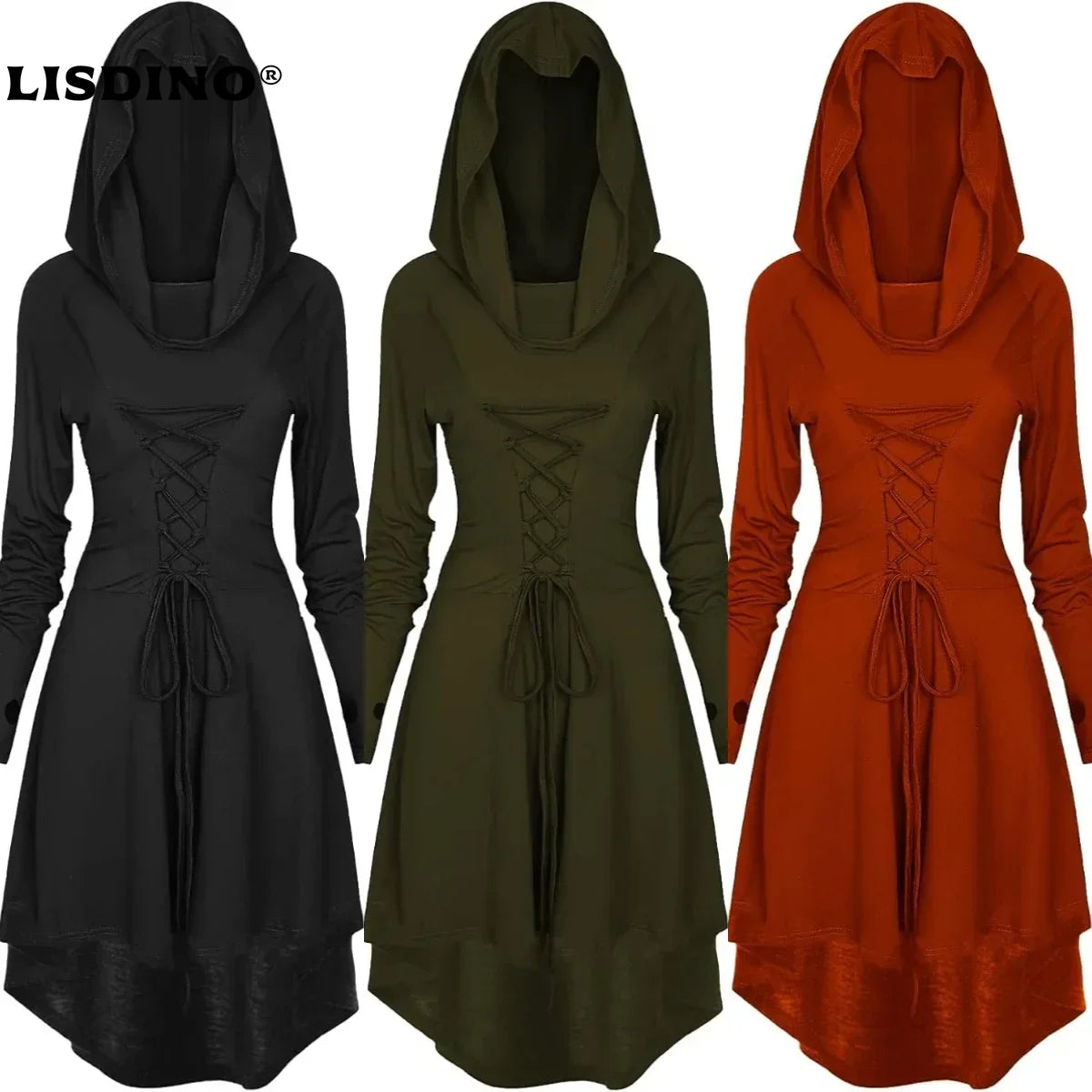 Womens Renaissance Costumes Halloween Costume for Womens Medieval Vintage Hooded Costume High Low Pullover Dress