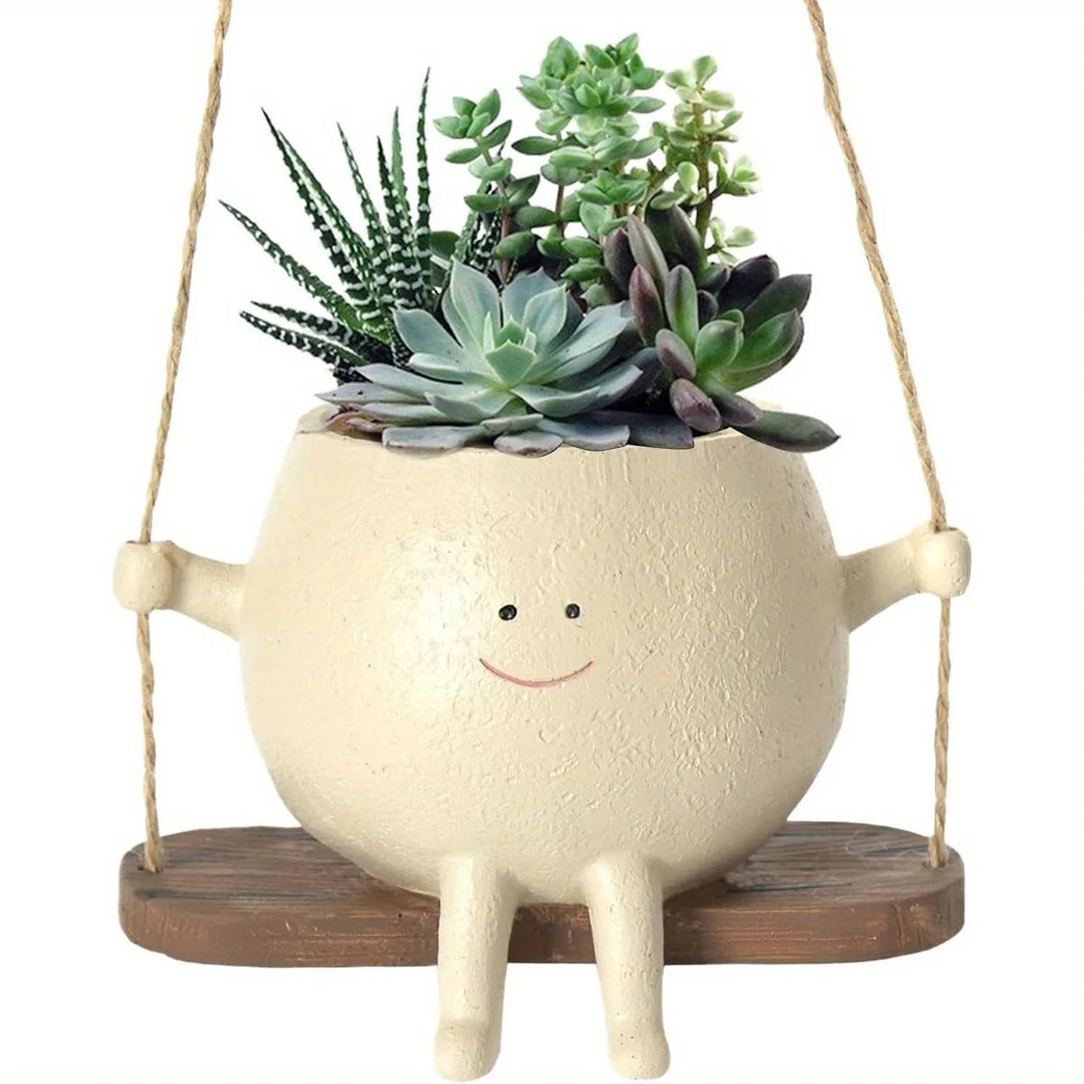 Hanging Resin Planter Pot, Rustic Smiling Face Succulent Plant Holder with Swing Base, Round Vintage Decorative Planter for Indoor & Outdoor Garden, Home & Patio Decor