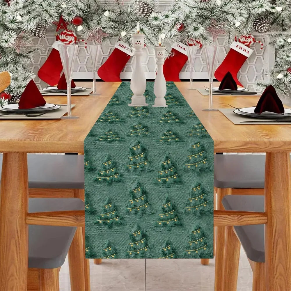Christmas Tree Table Runner 33×183cm – Plush Embroidered & Embossed Holiday Tablecloth for Dining Table, Christmas & New Year Decor