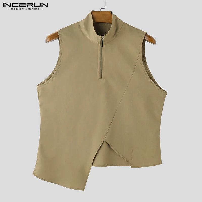 Men Tank Tops Sleeveless Streetwear INCERUN Casual Male Tops Tee Oversize Irregular Tops Zipper Summer Men's Clothing S-5XL