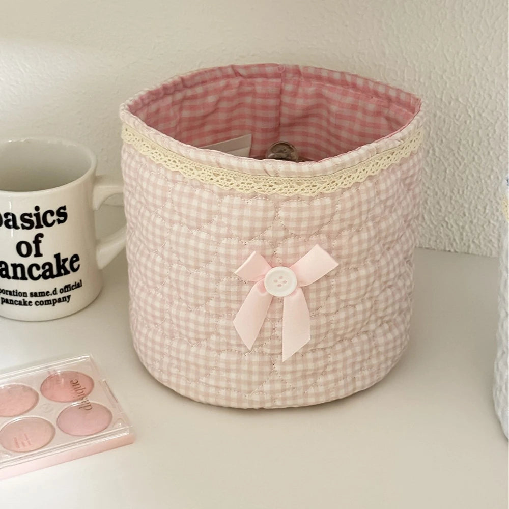 Cute Quilted Fabric Storage Basket – Foldable Round Desktop Organizer | Boho Home Decor