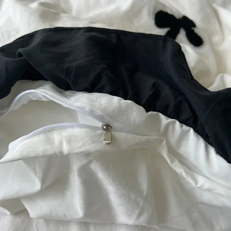 Black Bow Cotton Bedding Set – Princess Style Washed Cotton Duvet Cover with Embroidered Bow, Flat Sheet & Pillowcases