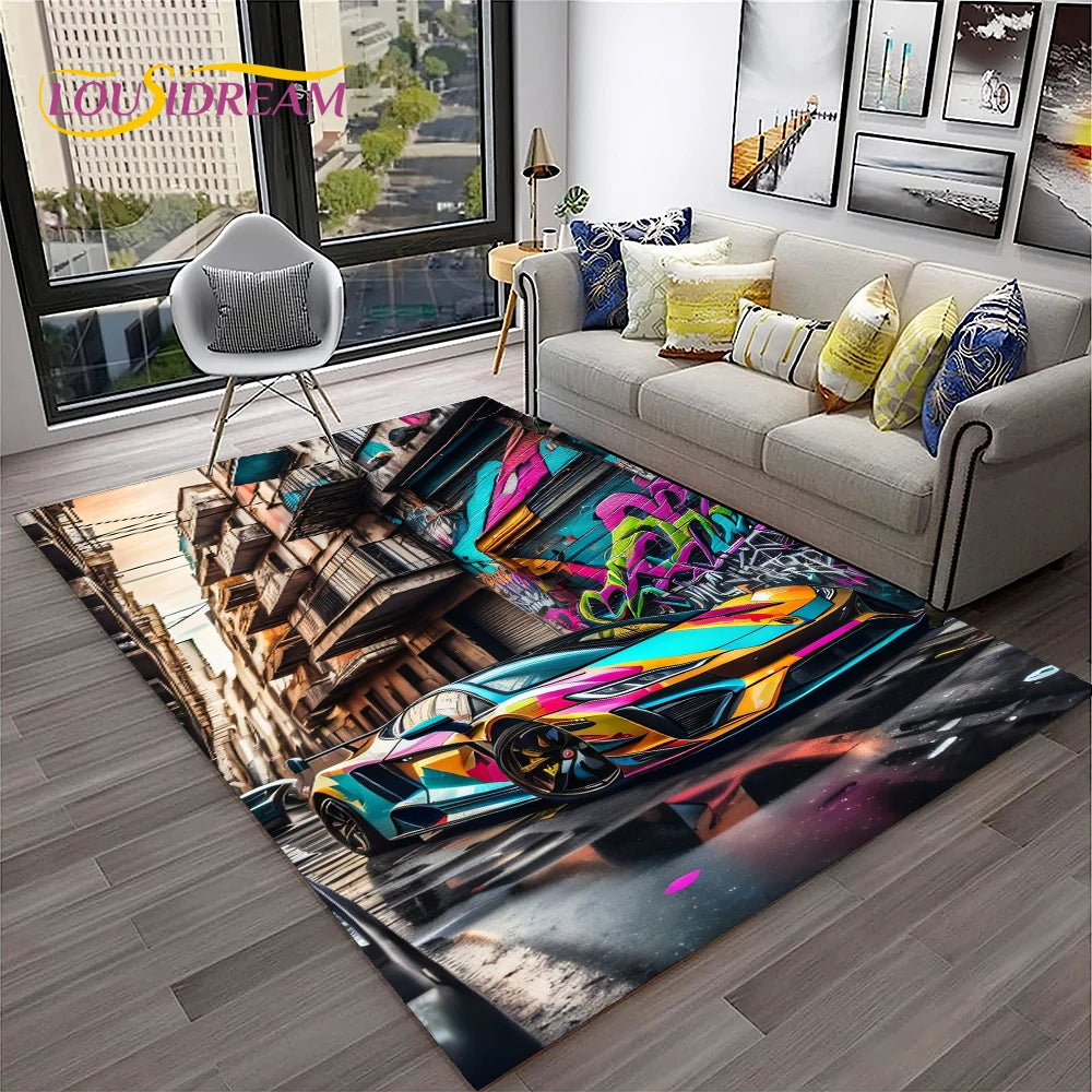 Sports Car Racing Rug, 3D Printed Cartoon Polyester Crystal Velvet Carpet with Non-Woven Backing, Kids Playroom Floor Mat for Bedroom, Living Room & Home Decor