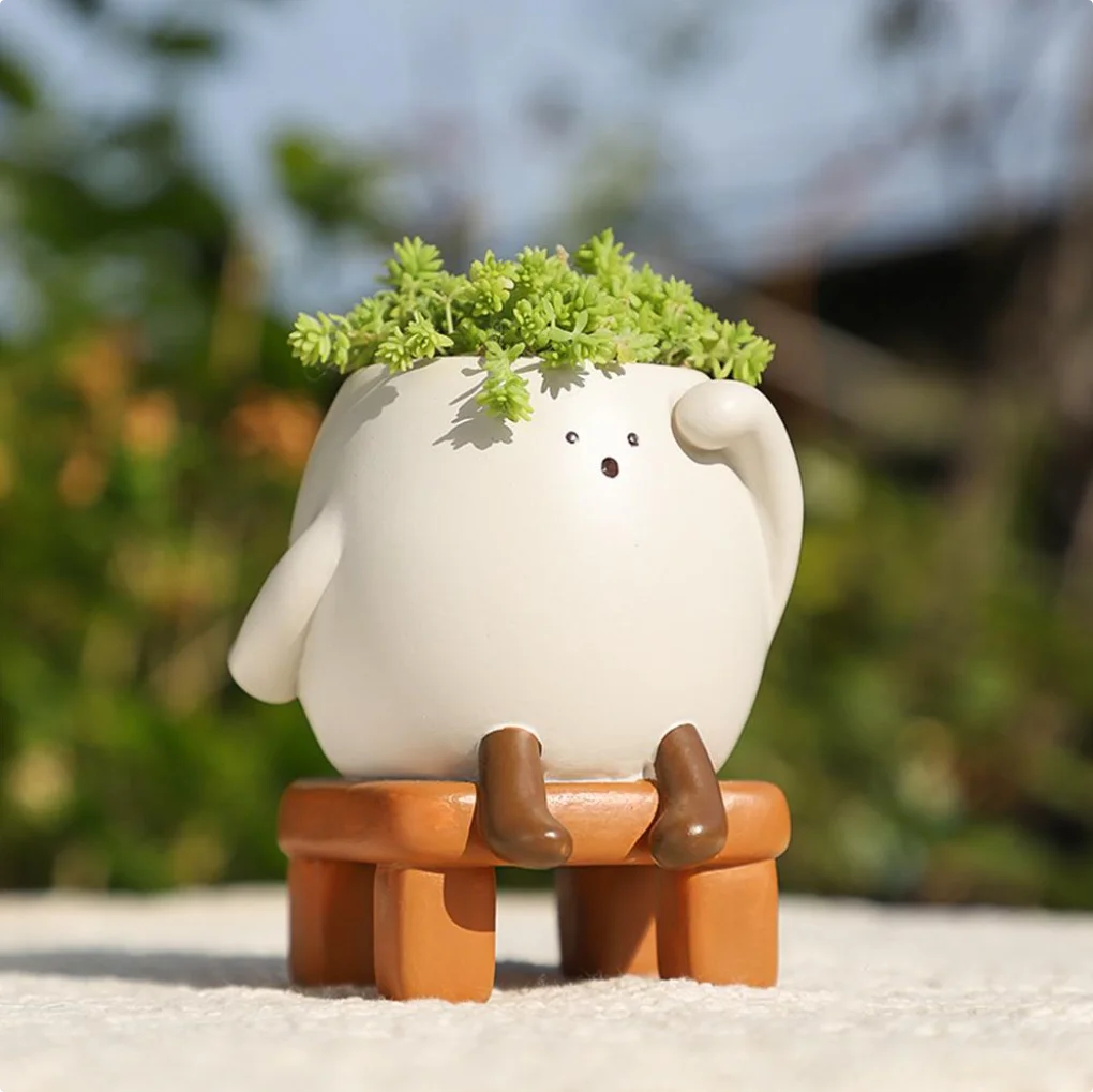 Cute Cartoon Resin Flower Pot, Round Face Sitting Planter for Succulents & Green Plants, Compact Desktop Planter for Desk, Shelf, Office & Home Decor