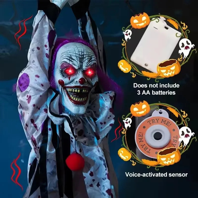 New Halloween Horror Home Decoration Hanging Clown Voice Control Electric Hanging Ghost Outdoor Garden Scary Haunted House Props